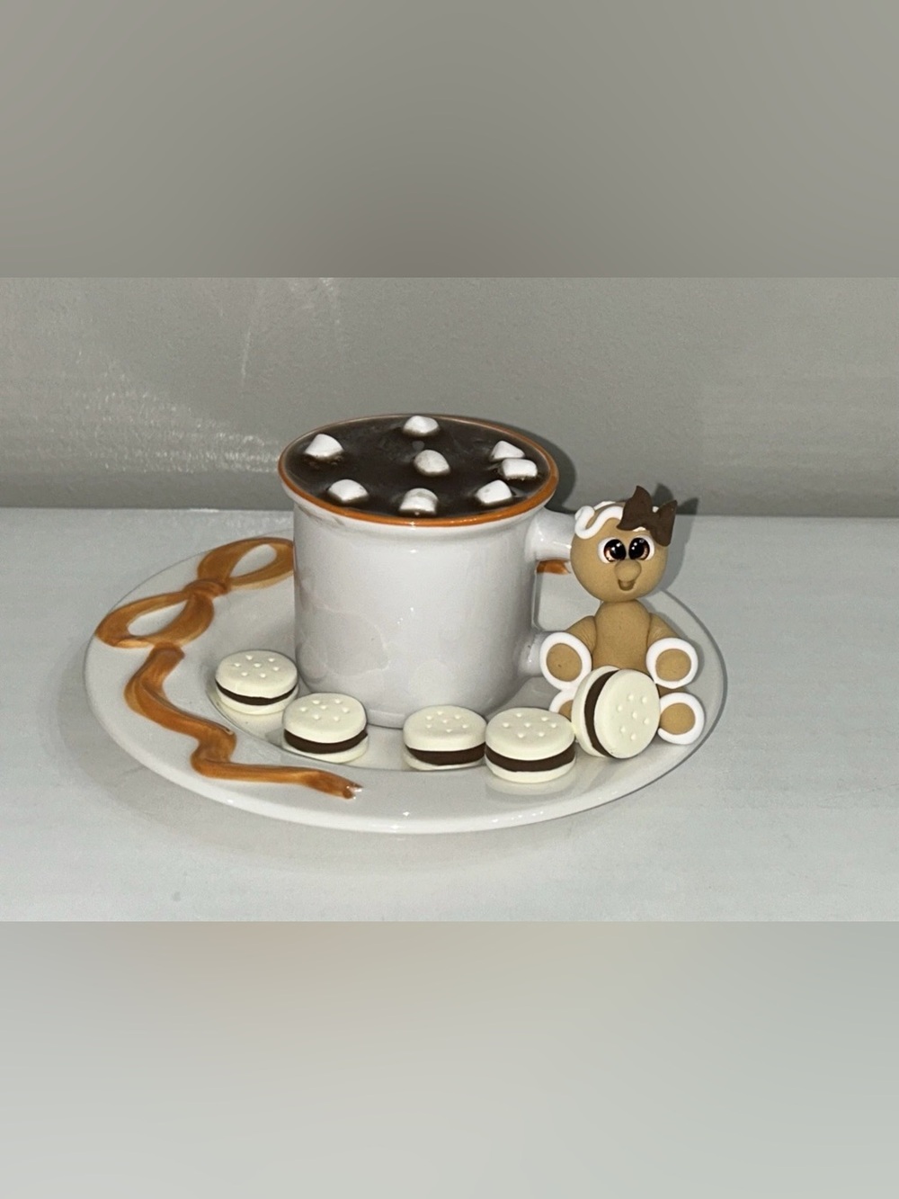 Fake Gingerbread Hot Cocoa & Cookies Ceramic Cup & Saucer Set Display Handmade